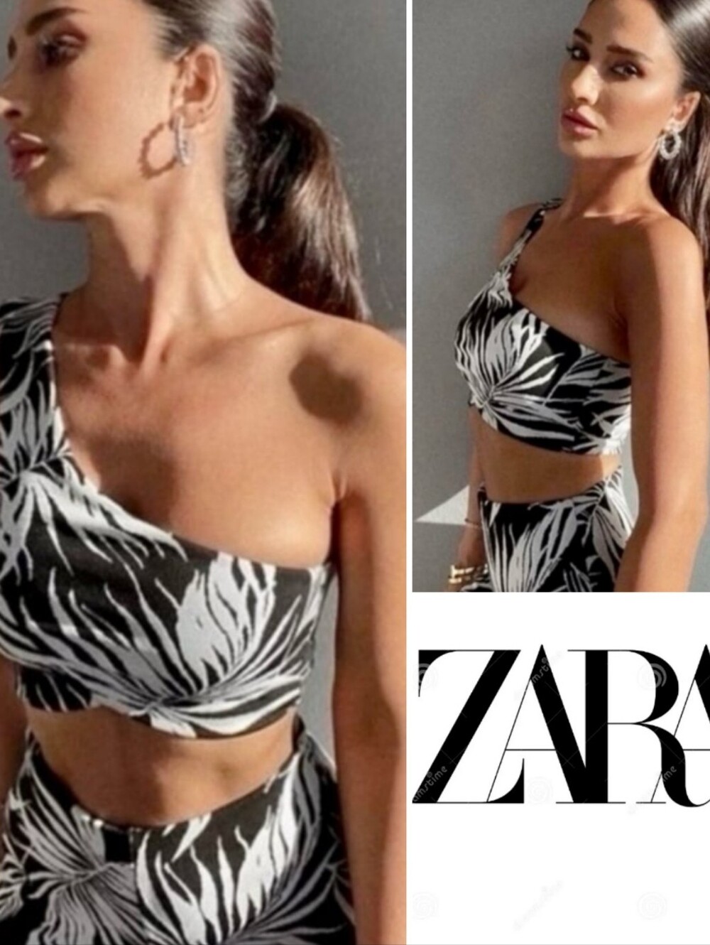 Zara Jacquard One Shoulder Crop Top, Stretch, Palm Leaf, Black & White